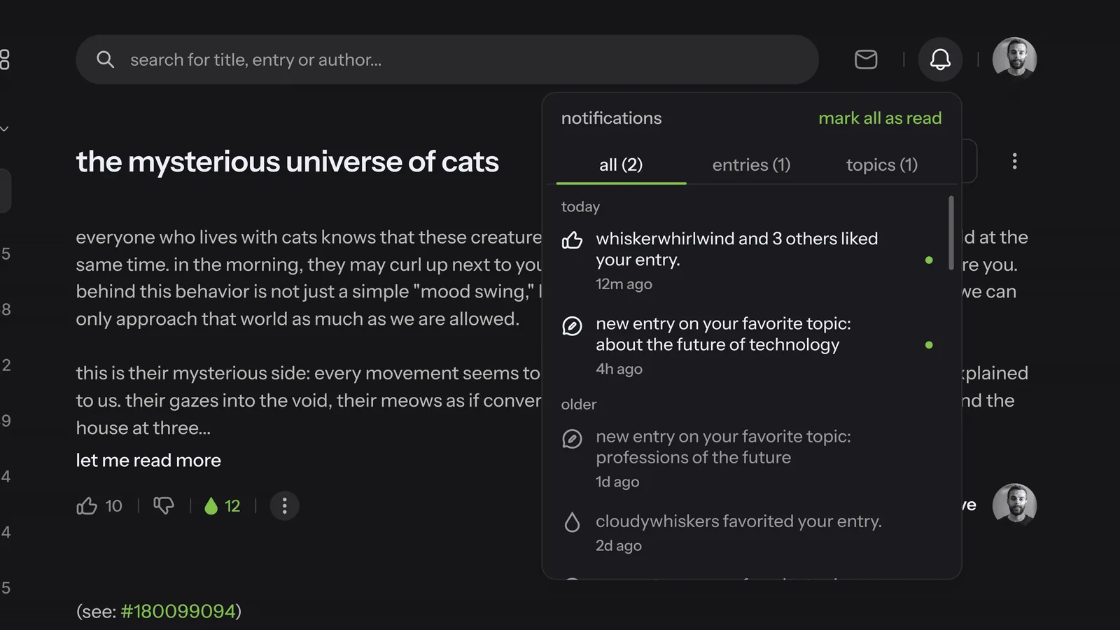 Notification hub grouped by likes, entries, and topics
