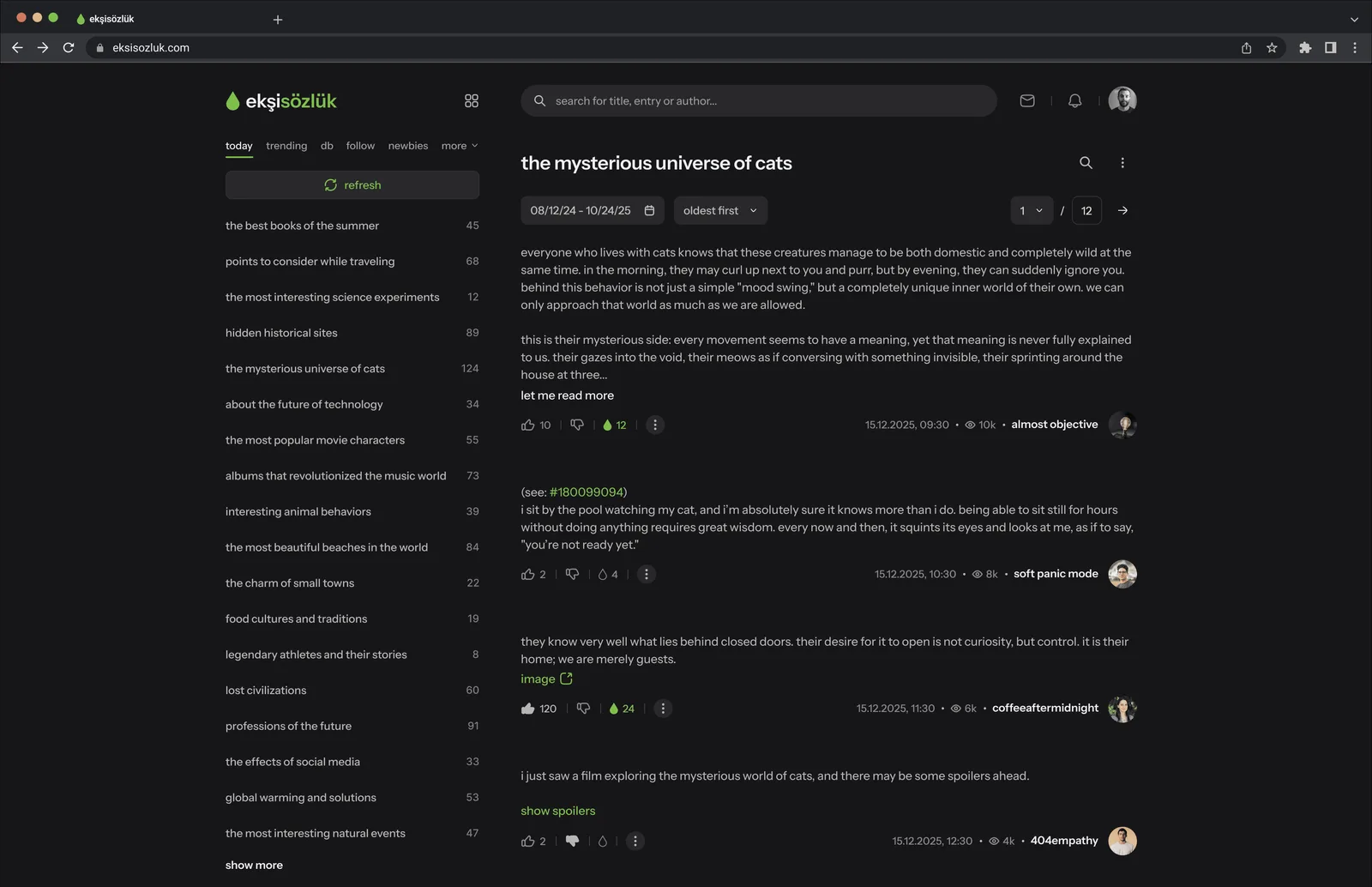 ekşisözlük redesign: dark reading desk with topics sidebar and entry thread.