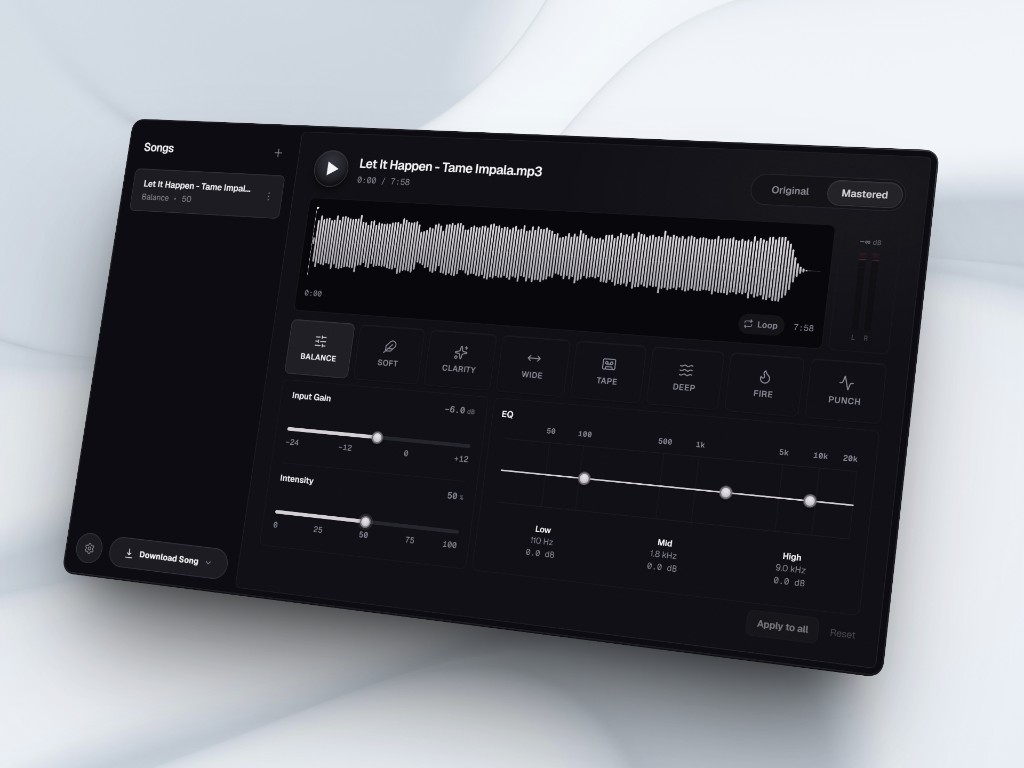 Mastr full listening desk: songs sidebar, waveform, presets, gain, intensity, and EQ.